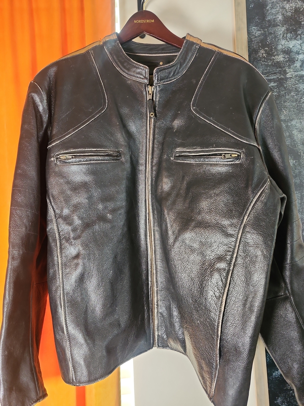 Vtg Wilsons Leather Moto Racer Coat With Contrast Piping Distressed XL